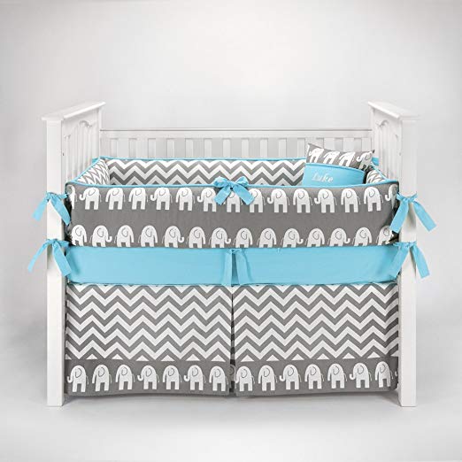 Elephant Chevron Zig Zag Gray & Blue Baby Bedding - 5pc Crib Set by Sofia Bedding