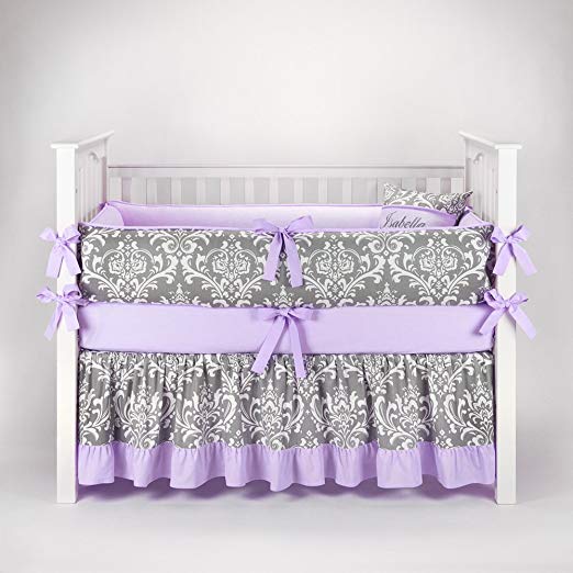 Damask Gray & Lilac Baby Bedding - 5pc Crib Set by Sofia Bedding