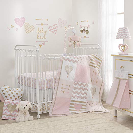 Lambs & Ivy Baby Love Pink/Gold Girl Heart 4 Piece Crib Bedding Set