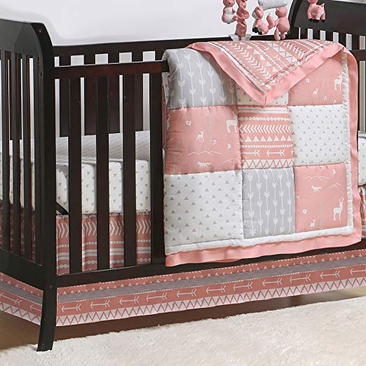 Coral Woodland and Geometric Patchwork 3 Piece Crib Bedding by The Peanut Shell