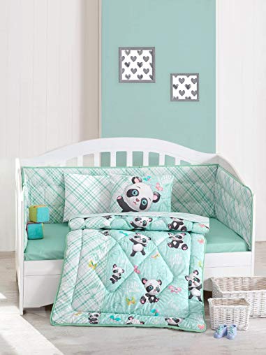 Cute Little Panda Bedding Set - 100% Cotton Nursery Crib Set for Girls, 6 Pieces Baby Comforter/Quilt Set with Crib Bumper, Comforter, Crib Sheet, Pillowcases