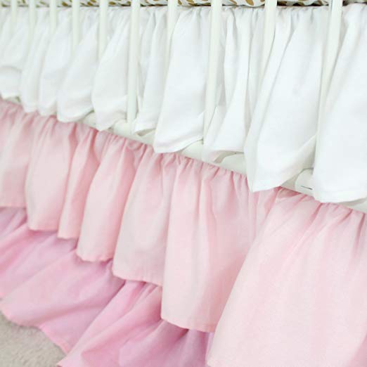 Ombre 3 Tiered Ruffled Crib Skirt - Fits standard cribs (White to Blush Pink Waterfall)