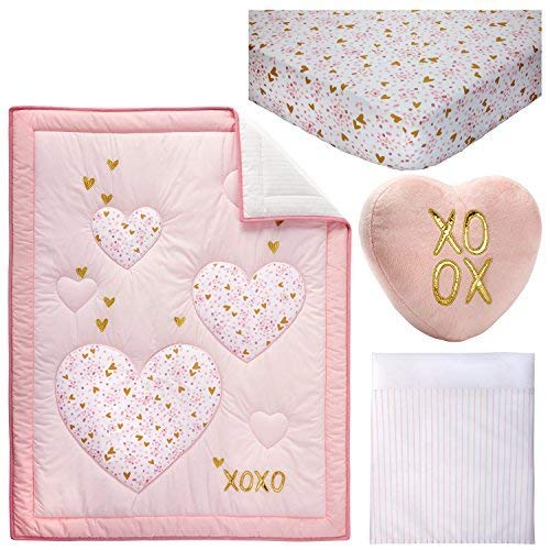 Little Love by NoJo She's So Lovely Heart 4 Piece Crib Bedding Set, Pink/Metallic Gold