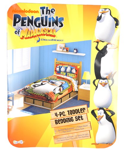 PENGUINS MADAGASCAR 4PC TODDLER BEDDING SET,Quilted Bedspread, Sheets, Pillowcase, Crib, NEW