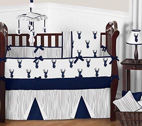 Sweet Jojo Designs 9-Piece Navy Blue White and Gray Woodland Deer Print Crib Baby Bedding Set with Bumper for a Newborn Boy