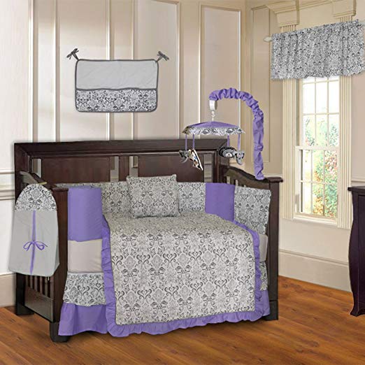 BabyFad Damask Purple 10 Piece Baby Crib Bedding Set