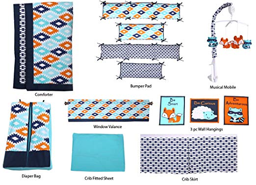 Bacati Liam Aztec 10 Piece Nursery-in-a-Bag Cotton Percale Crib Bedding Set with Bumper Pad, Aqua/Orange/Navy