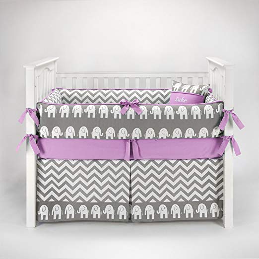 Elephant Chevron Zig Zag Gray & Lilac Baby Bedding - 5pc Crib Set by Sofia Bedding