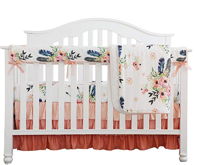 Boho Coral Feather Floral Ruffle Baby Minky Blanket Peach Floral Nursery Crib Skirt Set Baby Girl Crib Bedding Feather Blanket (Feather Floral 4pc set)