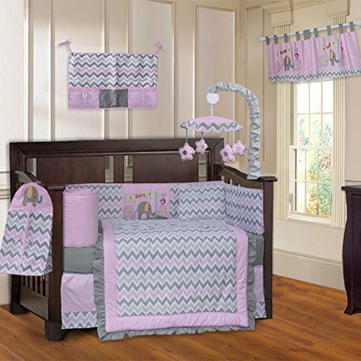 BabyFad Elephant Chevron Pink 10 Piece Baby Crib Bedding Set