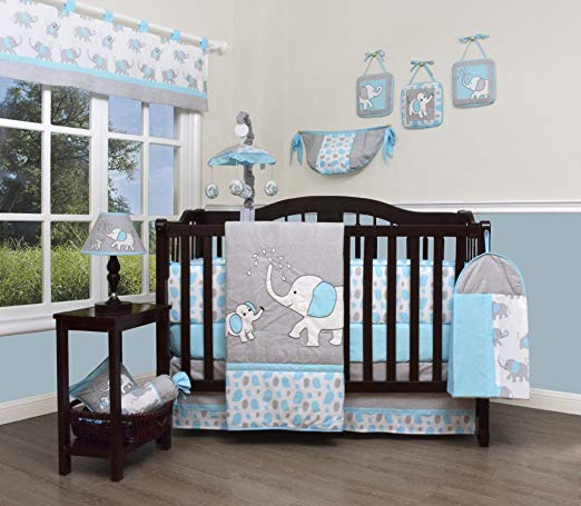 GEENNY Boutique Baby 13 Piece Nursery Crib Bedding Set, Blizzard Blue Grey Elephant