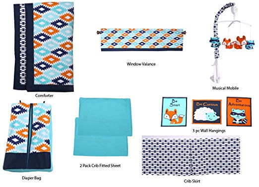 Bacati - Liam Aztec Aqua/Orange/Navy 10 pc Crib Set with 2 crib sheets