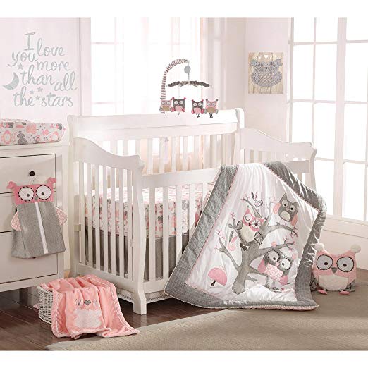 Levtex Baby Night Owl Pink 5 Piece Crib Bedding Set, Quilt, 100% Cotton Crib Fitted Sheet, 3-tiered Dust Ruffle, Diaper Stacker and Large Wall Decals