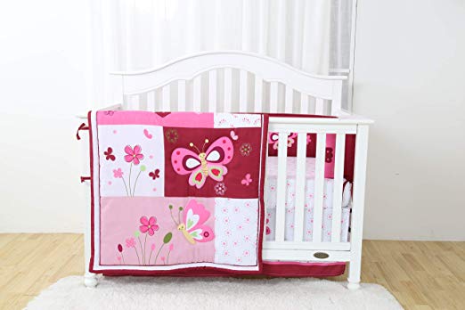 Linens and More Modern Luxury Quality 4 Piece Crib Bedding Sets for Girls and Boys, Set Includes, Fitted Sheet, Crib Bumper, Crib Skirt and Reversible Quilt (Butterfly)