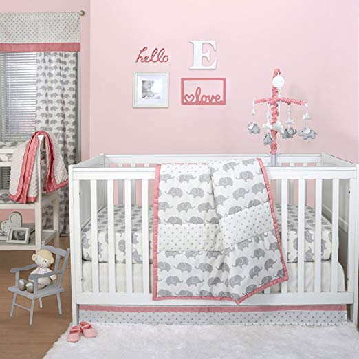 Grey Elephant and Triangle Dot 4 Piece Baby Crib Bedding Set with Coral Pink