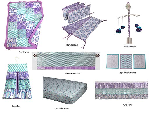 Bacati Isabella Paisley Girls 10 Piece Nursery-in-A-Bag Crib Bedding Set with Bumper Pad, Lilac/Purple/Aqua