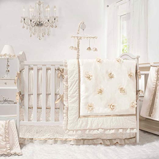 Juliette White, Ivory and Gold 4 Piece Baby Crib Bedding Set by The Peanut Shell