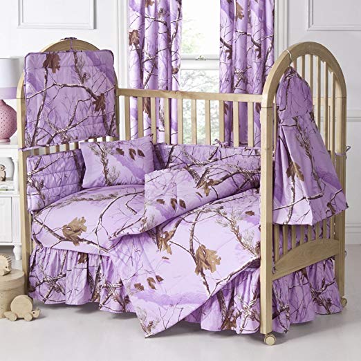 AP Lavender Camo 5 Piece Crib Set includes (Crib Fitted Sheet, Crib Bumper Pad, Crib Headboard Pad, Crib Comforter, and Crib Diaper Stacker)- Save Big By Bundling!