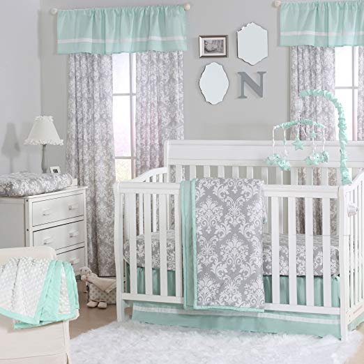 Grey Damask and Mint Green 3 Piece Baby Crib Bedding Set by The Peanut Shell