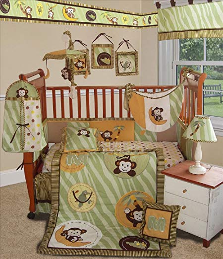 SISI Baby Bedding - Jungle Monkey Green 13 PCS Crib Bedding