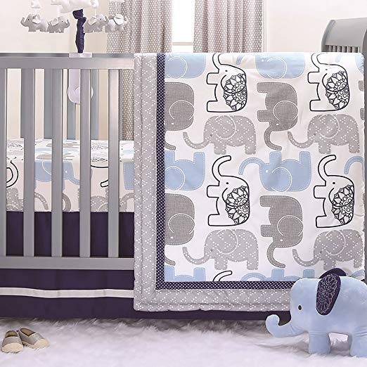 Little Peanut Navy Blue and Grey Elephants 3 Piece Baby Crib Bedding Set