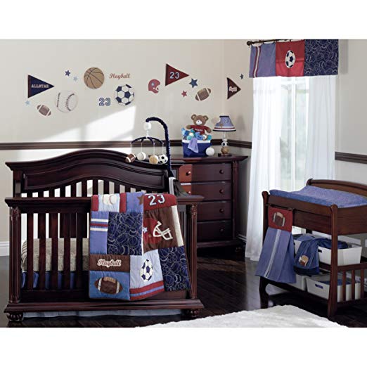 NoJo Play Ball, 9-Piece Crib Bedding Set, Navy/Red/Indigo/Ivory/Brown