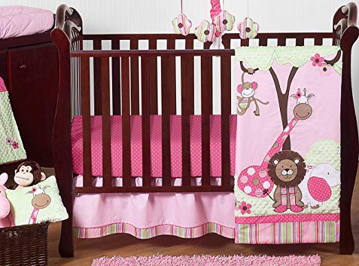 Sweet JoJo Designs 11-Piece Pink and Green Jungle Safari Animal Themed Baby Girl Bedding Crib Set Without Bumper