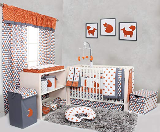 Bacati Playful Foxs 10 Piece Crib Set Including Bumper Pad, Orange/Grey