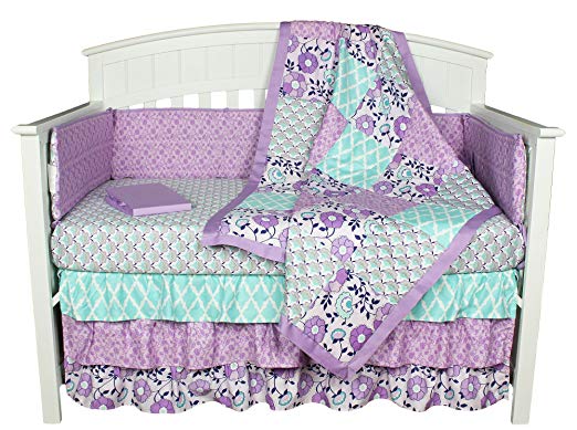 Purple Crib Bedding, Zoe 8-In-1 Floral Patchwork Baby Bedding Set by The Peanut Shell