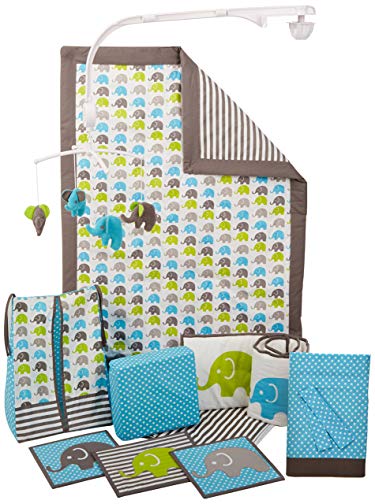 Bacati Elephants Crib Set with Bumper Pad, Aqua/Lime/Grey