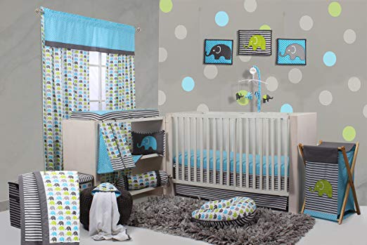 Bacati Elephants Crib Set without Bumper Pad, Aqua/Lime/Grey