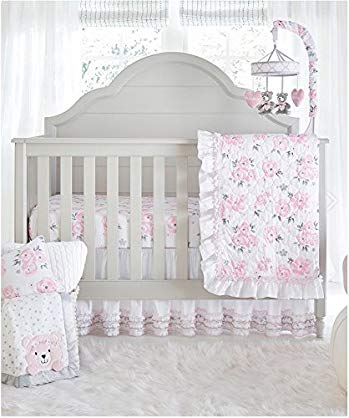 Wendy Bellissimo 4pc Nursery Bedding Baby Crib Bedding Set - Floral Crib bedding from the Savannah Collection in Grey and Pink