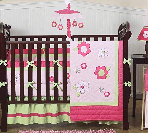 Sweet Jojo Designs 9-Piece Pink and Green Flower Collection Baby Girl Floral Garden Bedding Crib Set