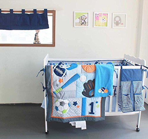 WINLIFE 8-pieces Baby Boys Sports Series Crib Bedding Set Blue Quilts With Bumper Pads Cotton