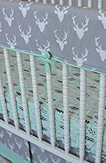 Lavender Linens Buck Forest Crib Bedding in Gray and MInt (Rail Cover, skirt, sheet)