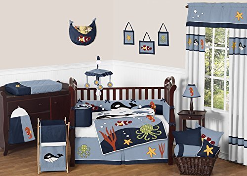 Sweet Jojo Designs 9-Piece Ocean Blue Whale, Fish, Octopus, Seahorse, Dolphin Crib Baby Boy Bedding Set