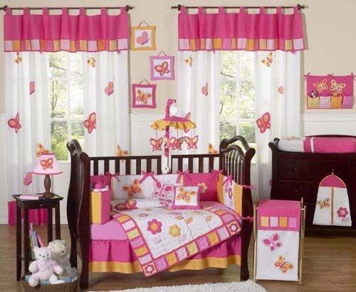 Sweet Jojo Designs Pink and Orange Butterfly Flower Baby Girl Bedding 9 pc Crib Set