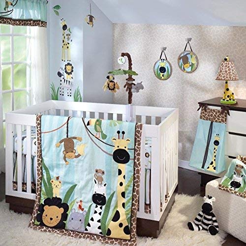 Lambs & Ivy Peek A Boo Jungle 6-Piece Crib Bedding Set - Blue Monkey/Giraffe/Zebra/Lion