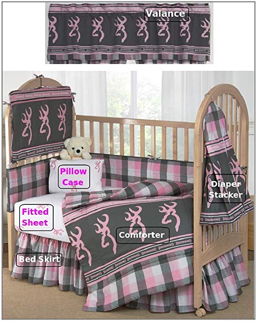 Browning Buckmark Plaid Pink & Gray 7 Piece Baby Crib & Window Valances Set