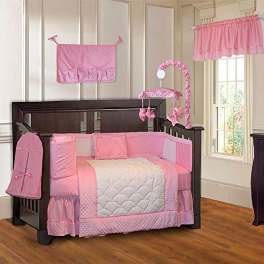 BabyFad Minky Pink 10-Piece Girls' Baby Crib Bedding Set with Musical Mobile