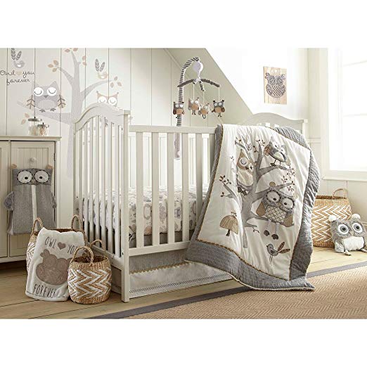 Levtex Baby Night Owl 5 Piece Crib Bedding Set, Quilt, 100% Cotton Crib Fitted Sheet, 3-tiered Dust Ruffle, Diaper Stacker and Large Wall Decals