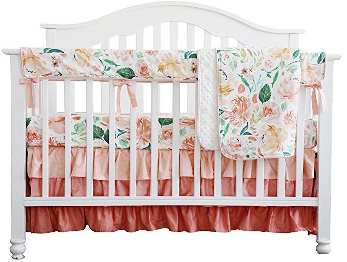 Secret Garden Coral Floral Ruffle Baby Minky Blanket Water color, Peach Floral Nursery Crib Skirt Set Baby Girl Crib Bedding (Secret Garden 4pc set)