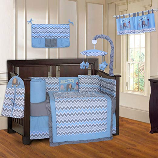 BabyFad Elephant Chevron Blue 10 Piece Baby Crib Bedding Set