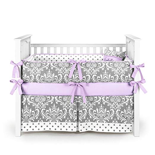 Damask Polkadot Gray & Lilac Baby Bedding - 5pc Crib Set by Sofia Bedding