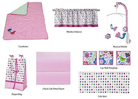 Bacati Botanical Sanctuary 10 Piece Crib Bedding Set with 2 Crib fitted sheets, Pink