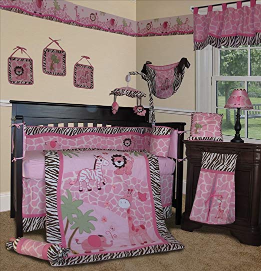 SISI Baby Girl Bedding - Pink Safari 15 PCS Crib Nursery Set