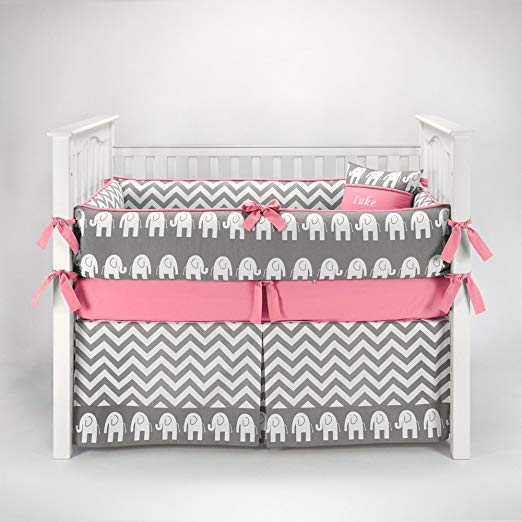 Elephant Chevron Zig Zag Gray & Bubblegum Baby Bedding - 5pc Crib Set by Sofia Bedding