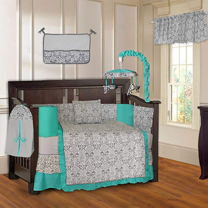 BabyFad Damask Turquoise 10 Piece Baby Crib Bedding Set