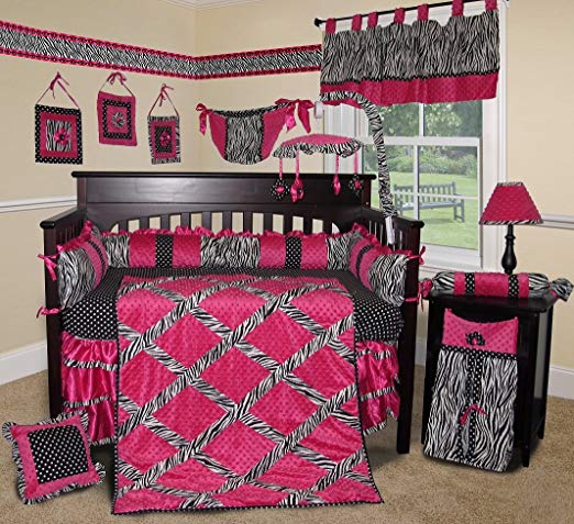 SISI Baby Bedding - Hot Pink Zebra 14 PCS Crib Bedding Including Music Mobile