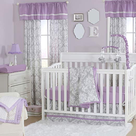 Grey Damask and Purple 3 Piece Baby Crib Bedding Set by The Peanut Shell